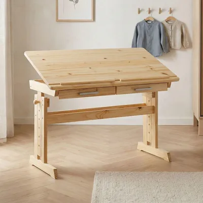 Produktbild von Kinderschreibtisch OLIVIA aus Kiefer in natur, schöner Schülerschreibtisch neigungs- und höhenverstellbar, praktischer Jugendschreibtisch mit Schubladen