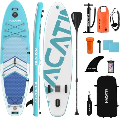 Image de Planche de stand-up paddle gonflable (SUP) de couleur bleue vive, idéale pour les sports nautiques