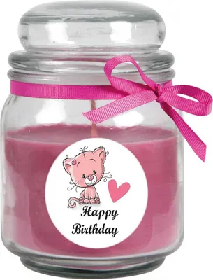 Zdjęcie produktu dla Świeczka zapachowa w słoiku "Happy Birthday", zapach: lawendowy (fioletowy), 300g - pali się do 70 godzin