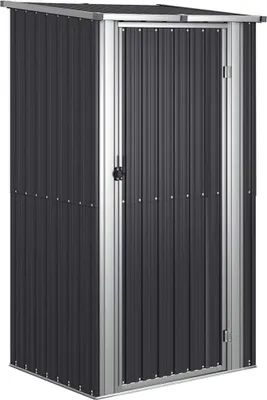 A dark grey metal shed with silver trim and a silver door.