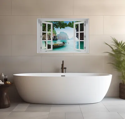 Produktbild von Wallario wasserfestes Poster selbstklebend 91,50 x 61 cm, Fischerboot in Thailand  blaues Meer und Steinfelsen, Badezimmerposter Spritzschutz mit Hochglanzoberfläche in Glasoptik