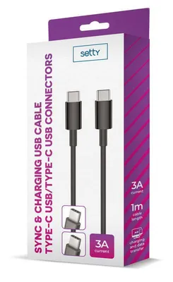 Zdjęcie produktu dla Setty Kabel do Ładowania Telefonu Typu C USB-C - USB-C 1,0 m 3A 15W Czarny Mocny