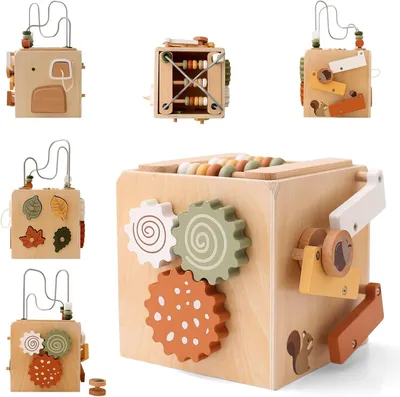 Immagine prodotto di Montessori - Cubo attività motorio - Giocattolo in legno - 1 (colore legno naturale)