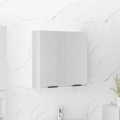 A white bathroom cabinet with two doors mounted on a marble-patterned wall.