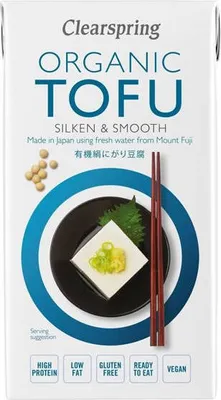 The image shows the front of a Clearspring Organic Tofu package.
