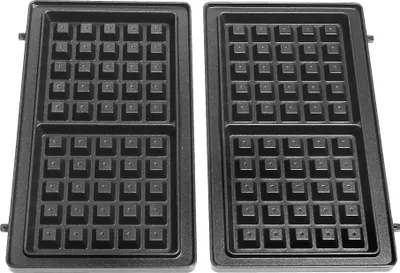 A pair of non-stick waffle plates for a sandwich maker is displayed against a white background.