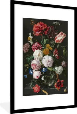 Produktbild von MuchoWow® Gerahmtes Poster Stilleben mit Blumen in einer Glasvase - Gemälde von Jan Davidsz. de Heem 60x90 cm - Poster mit Schwarzem Bilderrahmen Wandposter Rahmen Foto Bilder - Dekoration - Wandposter Wohnzimmer - Hochwertig