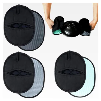Produktbild von 3er Set Topflappen aus Silikon und Baumwolle, hitzebeständig bis 240 °C, rutschfeste Handschuhe, Topfuntersetzer und Ofenhandschuhe