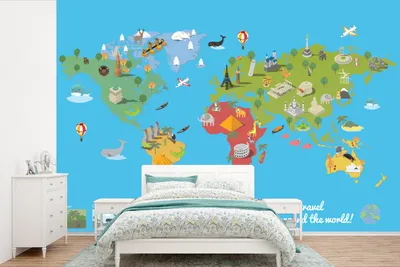 Produktbild von Weltkarten-Wandtapete für Kinder - Modern - Symbole - Breite 525 cm x Höhe 350 cm