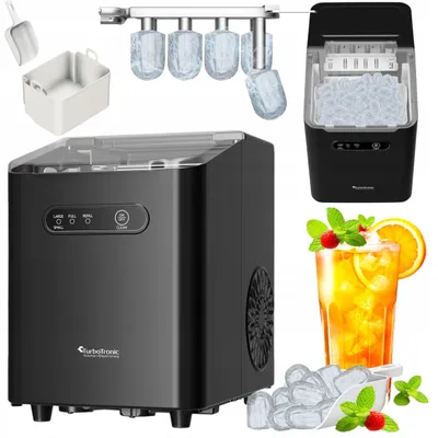 Zdjęcie produktu dla Kostkarka do lodu TurboTronic maszyna do kostek 10kg/24h 6-7min/cykl 2 rozmiary ICE Frappe 110W Czarna
