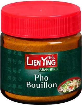 A jar of Pho Bouillon with its red lid.