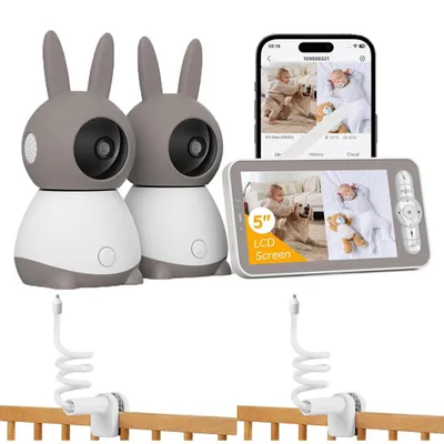 Image de Babyphone avec 2 caméras et APP 2K/5,0 pouces WLAN Babyphone avec écran partagé PTZ 360° 4× Zoom Vision nocturne IR Suivi automatique avec 2*supports