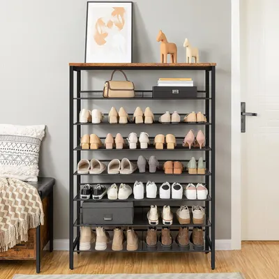 Produktbild von Schuhregal hoch 8-stöckig, schmaler Schuhschrank aus Metall, für 32-40 Paar Schuhe