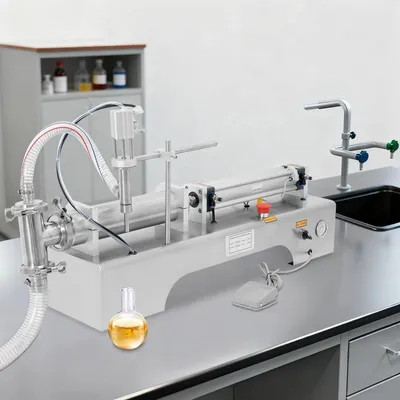 Zdjęcie produktu dla Maszyna do napełniania płynów – pozioma, pneumatyczna, automatyczna – zakres napełniania 100–1000 ml – 40 butelek/min – 220 V – srebrna