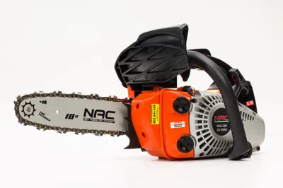 A product shot of a chainsaw on a white background.