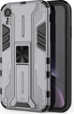 Produktbild von iPhone XR Hülle, Dual Layer PC TPU Bumper Stoßfest Ständer Schutzhülle für iPhone XR Grau
