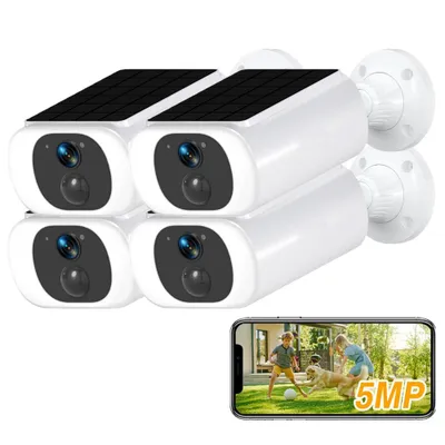 Image de 4 pièces 5MP caméra de surveillance extérieure batterie avec panneau solaire caméra de surveillance extérieure caméra solaire surveillance avec spotlight détection de mouvement PIR