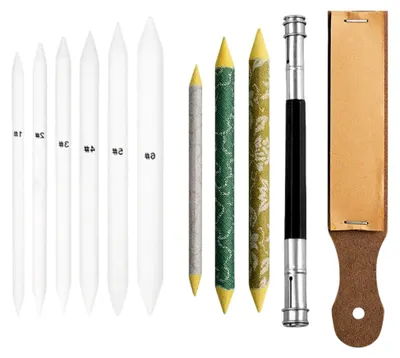 Produktbild von 11-teiliges Set zum Zeichnen und Skizzieren, Enthält 9 Papierwischer in verschiedenen Größen, Sandpapier-Schärfer und Verlängerer, Geeignet für Detailarbeiten und große Flächen