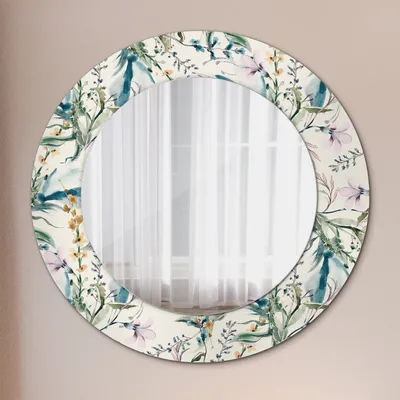 Produktbild von Ø60cm Spiegel - Glasrahmen mit Aufdruck - Wandspiegel Schlafzimmer - Aquarell Blumen