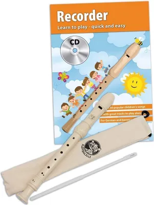 A recorder, its case, and a cleaning rod are displayed with a book titled 'Recorder' and a CD.