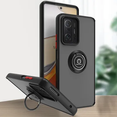 Produktbild von Xiaomi 11T Hülle, Ring Halter Ständer Matte Transluzent TPU Rahmen Stoßfest Schutzhülle für Xiaomi 11T / 11T Pro Dunkelgrau