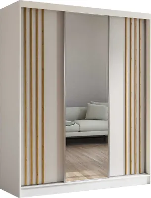 Produktbild von AGMAT Schwebetürenschrank Lugo, Kleiderschrank mit 3 Türen und Spiegel und 2 Schubladen, Moderne Garderobe in Farbe: Weiß / Weiß, Schrank in Größe: 180 x 216 x 61 cm