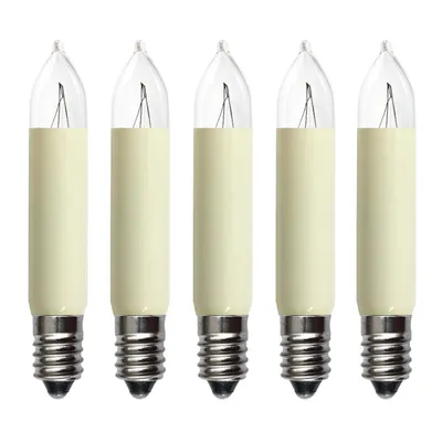 Five candle-shaped light bulbs with cream-colored bases and clear glass tops, arranged in a row against a white background.