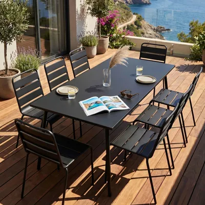 Produktbild von Gartentisch und 8 Stühle aus pulverbeschichtetem Stahl Schwarz - Oviala Palavas