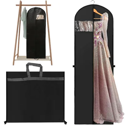 Image de Housse à vêtements longue, 180 x 60 cm, housse pliable avec poignées, housse pour robes de mariée, housse pliable et respirante pour robes de mariée et robes de soirée (noire)