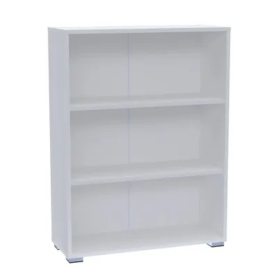 A white, three-shelf bookcase shown from the front.