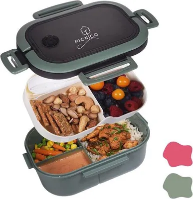 Image de Boîte à lunch Famanu avec compartiments pratiques - verte - comprenant des couverts