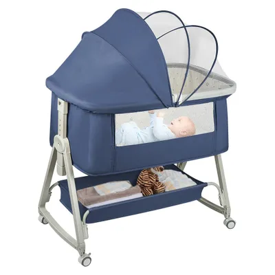 Image de Lit bébé réglable à 6 niveaux, lit de voyage, poussette à roulettes et pliable, bleu