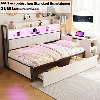 Produktbild von MODFU Jugendbett  ohne Matratze 90x200 Schlafsofa mit Schließfächern,ausziehbaren Schreibtisch und Steckdosen,Tagesbett mit LED-Beleuchtung,Schubladen,Weiß