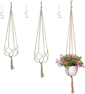 Zdjęcie produktu dla 3 wiszące doniczki w stylu makramy z juty, 90–120 cm, do wnętrz