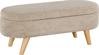 A beige upholstered storage bench with wooden legs is shown against a white background.
