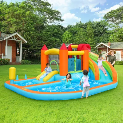 Produktbild von Flieks Kinder Hüpfburg Aufblasbar mit Gebläse, Aufblasbar Wasserpark Wasserspielcenter mit Rutsche und Spielpool, Hüpfburg Outdoor, 460x343x190cm