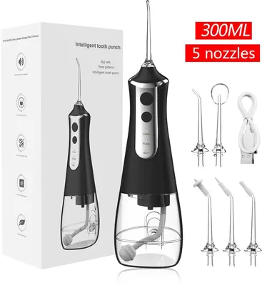 Produktbild von Minicee Munddusche Kabellos 300ml Waterflosser 5 Düsen IPX7 Schwarz