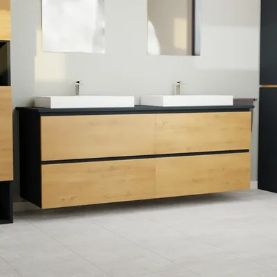 Produktbild von Garlivo Waschbeckenunterschrank GLB-160 Eiche mit Schubladen, Badezimmer Waschtischunterschrank hängend , Breite 160 cm, Soft-Close, Push-to-Open/ Tip-On