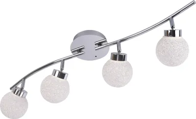 A modern ceiling light fixture with four spherical glass shades.
