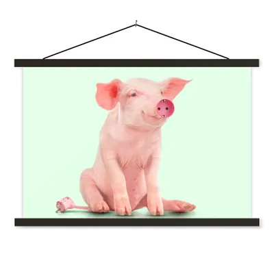 Produktbild von MuchoWow® Textilposter Schwein - Rosa - Sockel - Tiere 90x60 cm mit schwarzem Rahmen - Aufhängungssatz