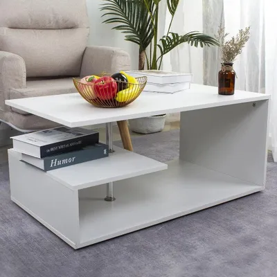 Image de Table basse blanche avec double étagère et design moderne