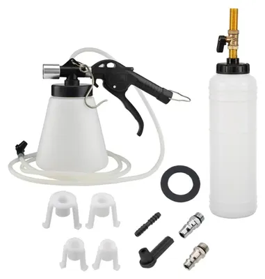 Immagine prodotto di Kit per lo spurgo dei freni - Flacone da 1 litro - Pistola a vuoto da 0,75 litri - 4 adattatori - Aria compressa - Colore: bianco