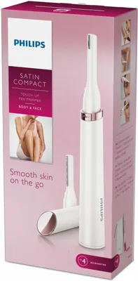 The image shows the packaging of a Philips Satin Compact touch-up pen trimmer. The packaging is predominantly pink and white, with images of the product and its features.