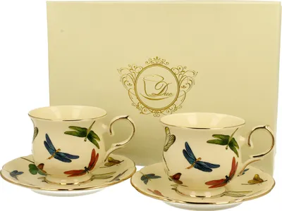 Produktbild von DUO | Tassen - Porzellantasse - 260 ml - 2er Set - Beige - Kaffeetasse - Libellen-Muster