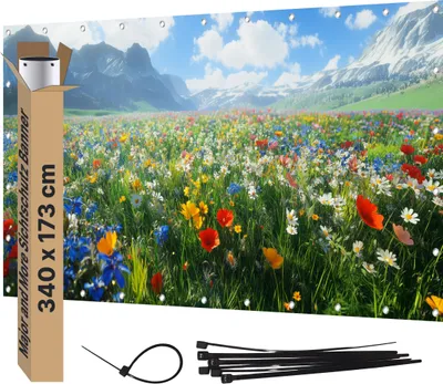 Produktbild von Sichtschutz Banner PVC Garten Dekoration Plane groß mit Motiv blickdichter Motivbanner für Terrasse Zaun Gartenzaun Zaunblende Gartenposter Blumenwiese 340x173 cm