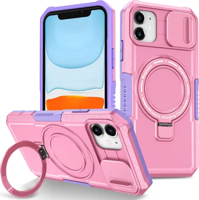 Produktbild von Handyhülle für iPhone 11 Kompatibel mit MagSafe, Robuste Hülle mit Schiebe Kamera Schutz, Magnetischer Ringständer Pink
