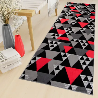 Image de Tapis au mètre pour couloir, salon, chambre à coucher, à poils courts, design moderne, gris chiné et rouge,  ÖKOTEX, 70 x 1150