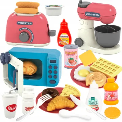 A collection of toy kitchen appliances and food items, including a toaster, microwave, stand mixer, and various food replicas, arranged on a white background.