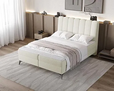 Zdjęcie produktu dla Łóżko kontynentalne Dekori VELUTTO, wymiar 180x200 cm, z pojemnikami na pościel, w komplecie z materacem i dodatkową nakładką (topper), kompletny zestaw, łóżko tapicerowane, sprężyny Bonell H3 - kolor kremowy (źródło 02)