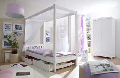 A bedroom scene with a canopy bed, wardrobe, and decorative items.